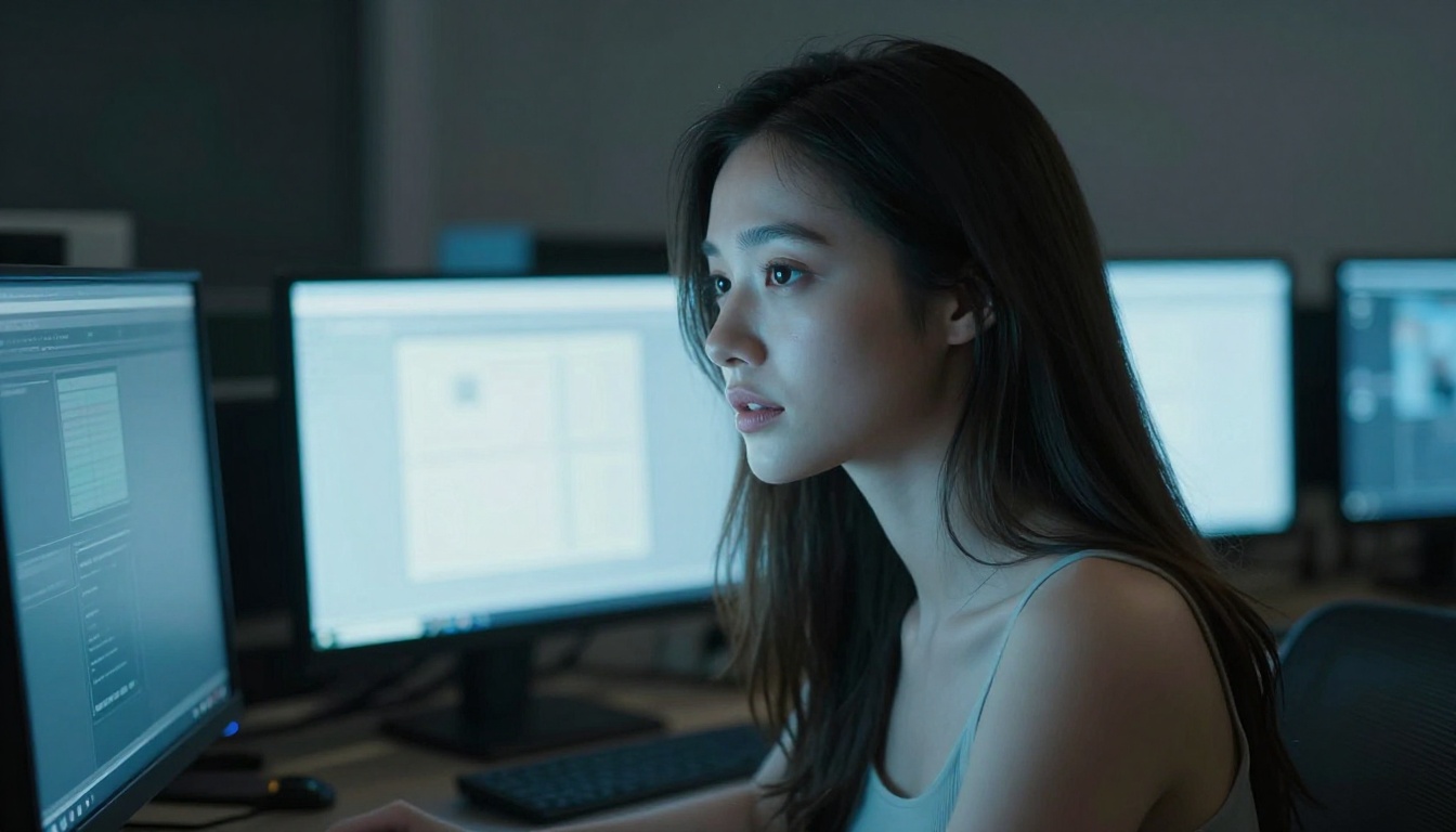 Woman in front of large monitor, soft screen light illuminating face with thoughtful expression, dim room setting