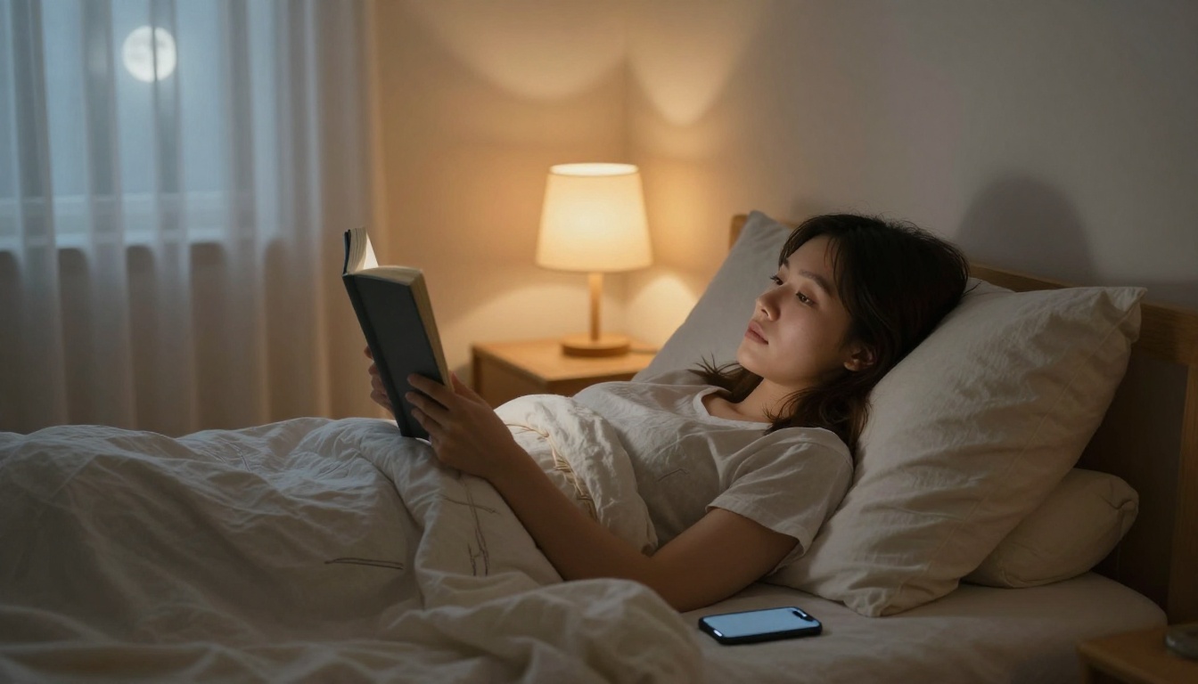 A woman lying in bed at night staring at the ceiling with a thoughtful expression, moonlight through the curtains