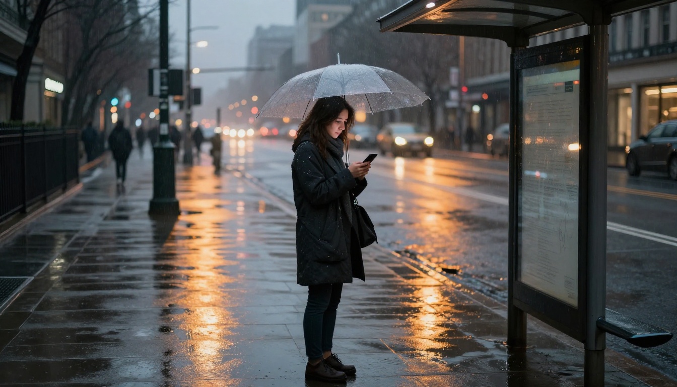 A woman standing at a rainy bus stop at dusk, phone in hand, city lights reflecting off the wet pavement