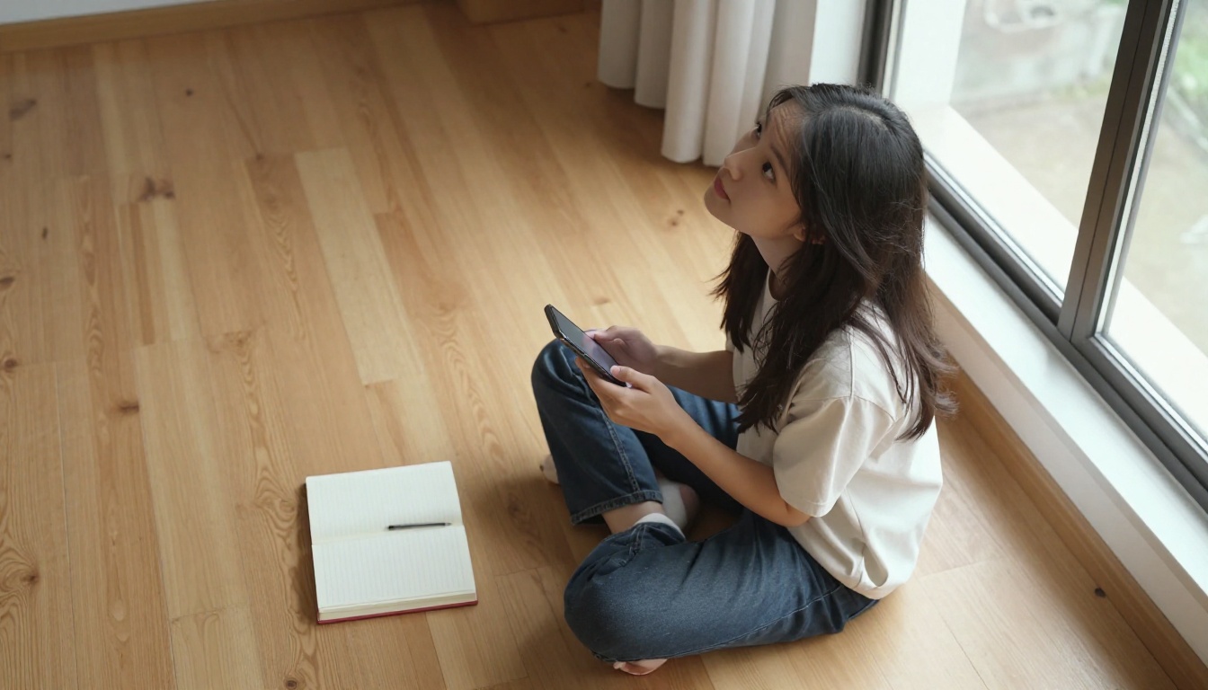 A woman photographed from above sitting cross-legged on a hardwood floor with a journal and phone in morning light
