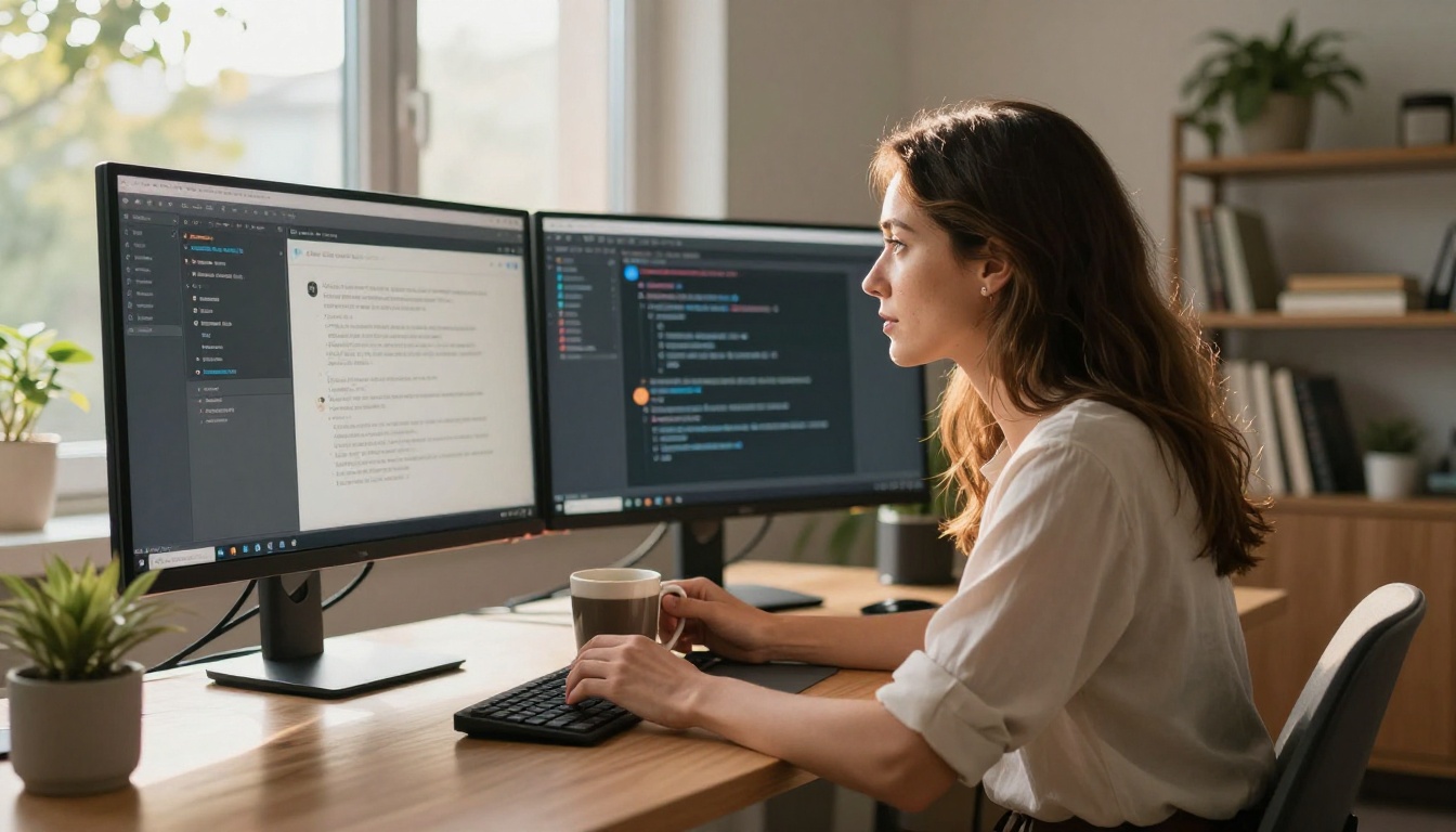 Professional woman at home office with dual monitors, warm sunlight streaming through window, engaged in AI interface