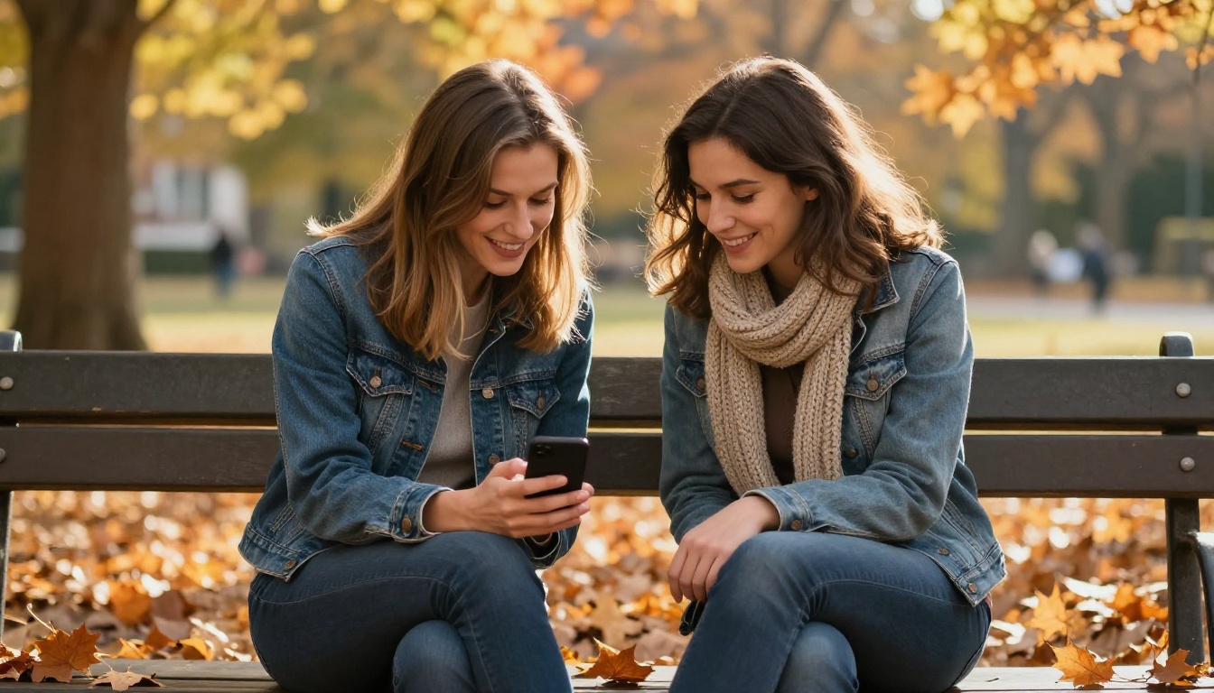 Two women on a park bench in autumn light, sharing something on a phone screen with light laughter