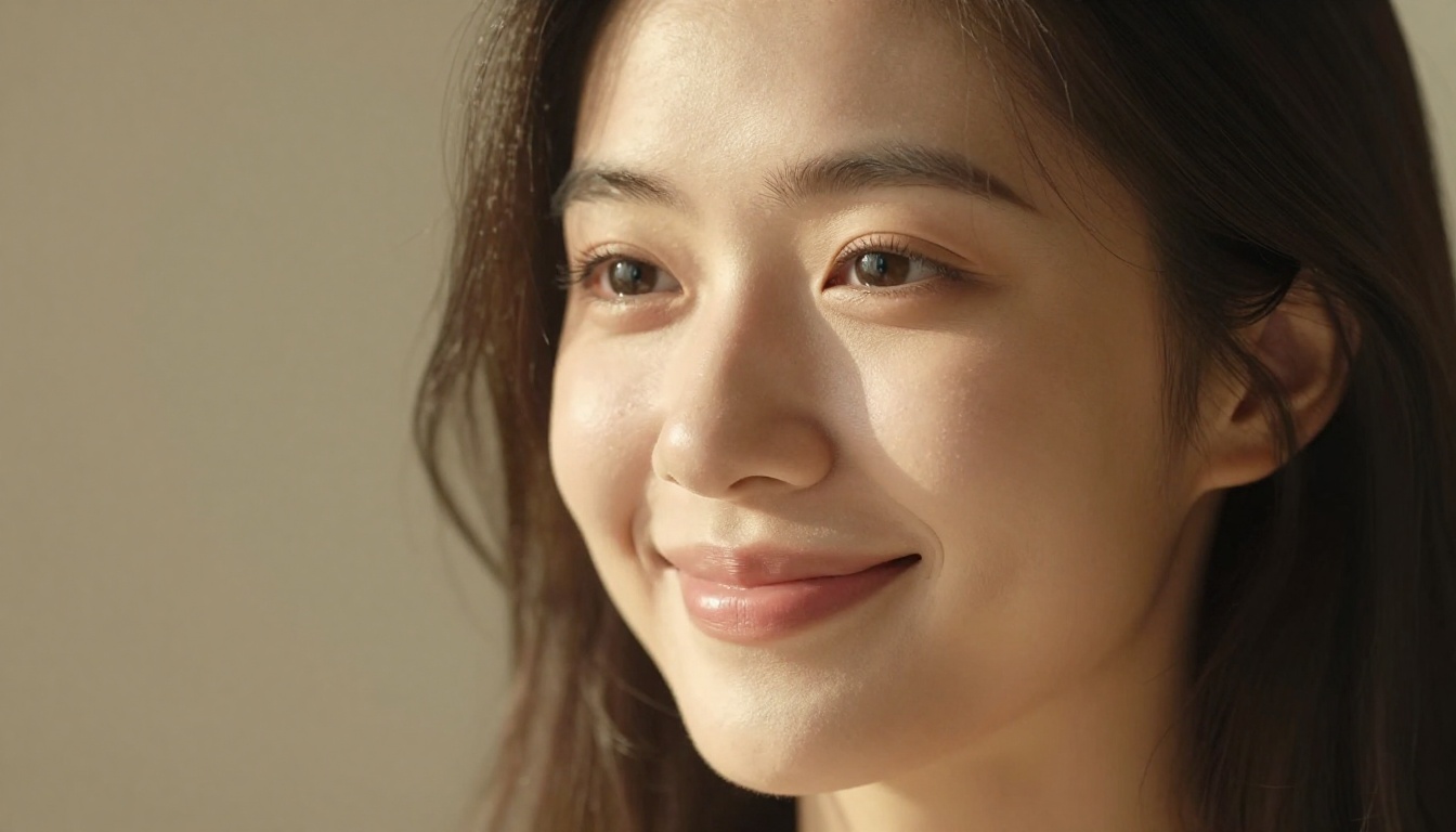 Close-up portrait of woman with soft natural smile, warm window light highlighting her face, beautiful bokeh background