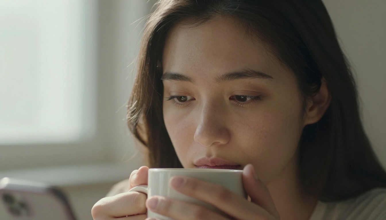 A close-up portrait of a woman with a wistful expression cradling a warm mug in soft morning light