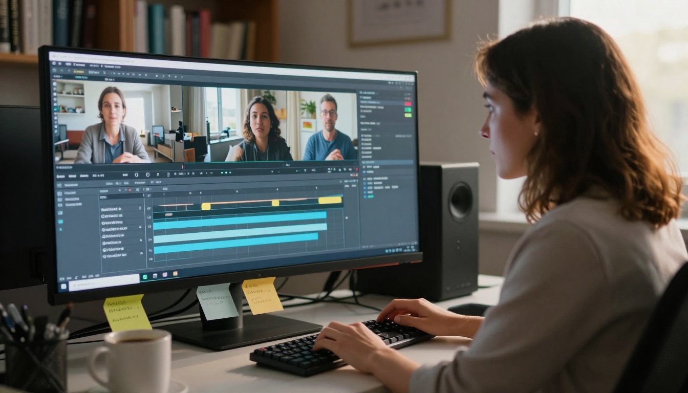 Creative professional editing video on wide monitor