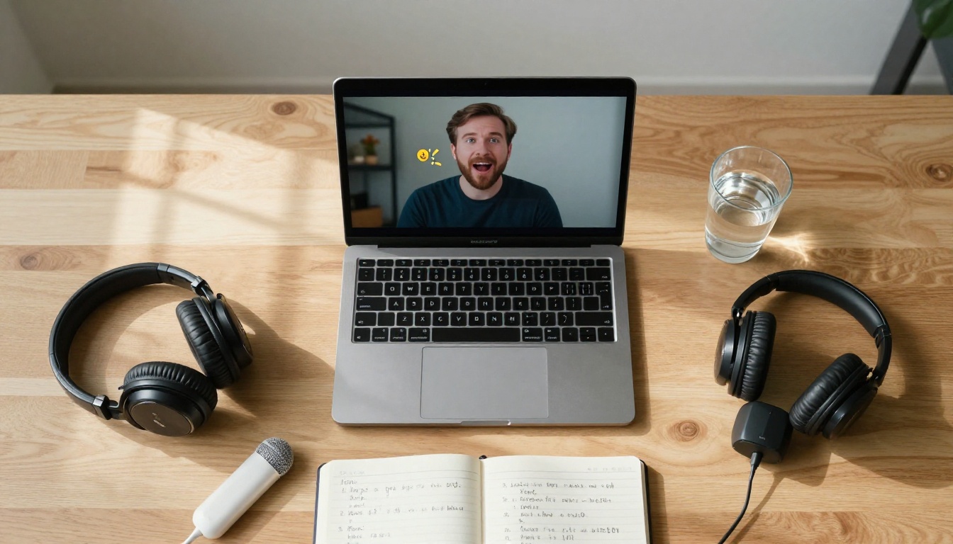 Aerial workspace flat-lay with lipsync tools