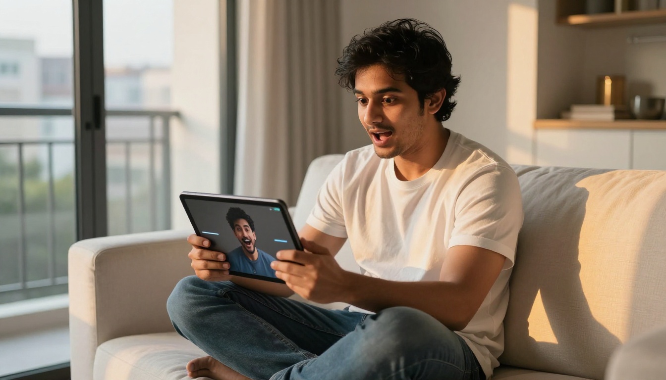 South Asian man watching lipsync results on tablet