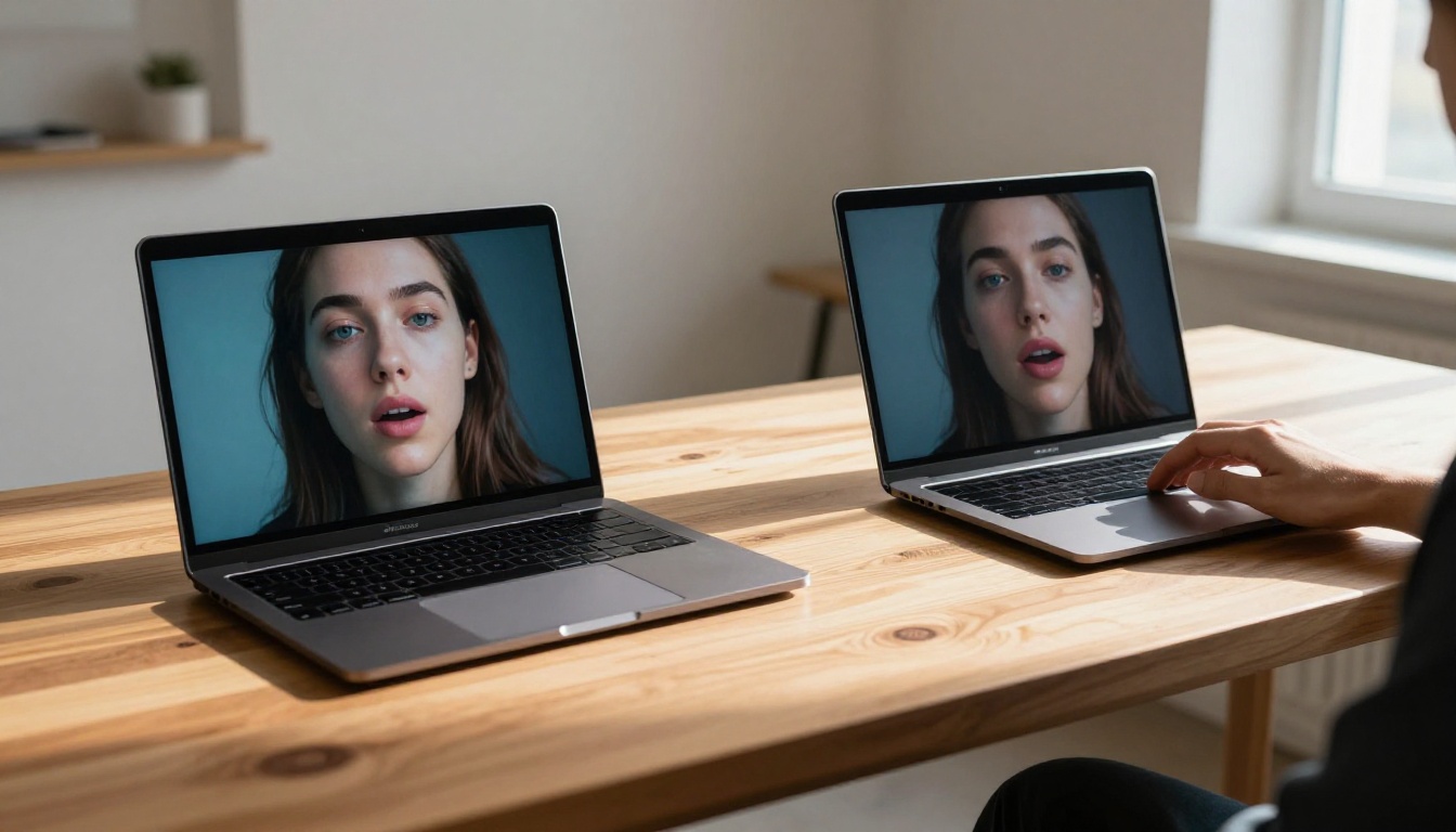 Two laptops showing before and after lipsync comparison