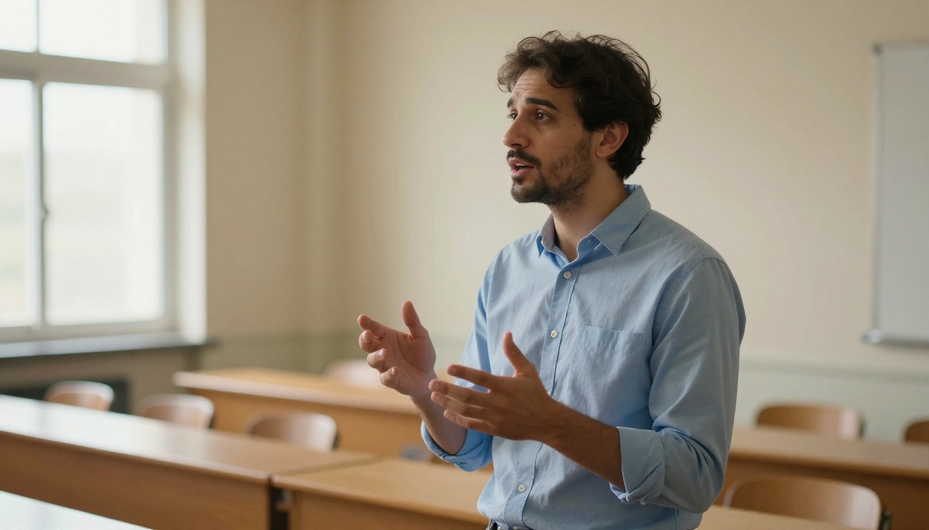 Educator speaking expressively to training room audience