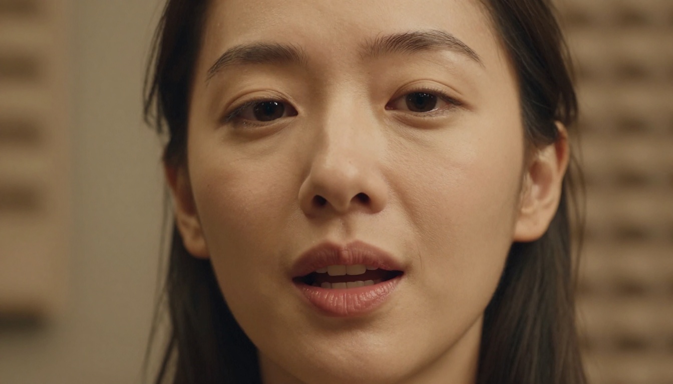 Close-up of a woman speaking mid-sentence in a warm studio environment Close-up of a woman speaking mid-sentence in a warm studio environment