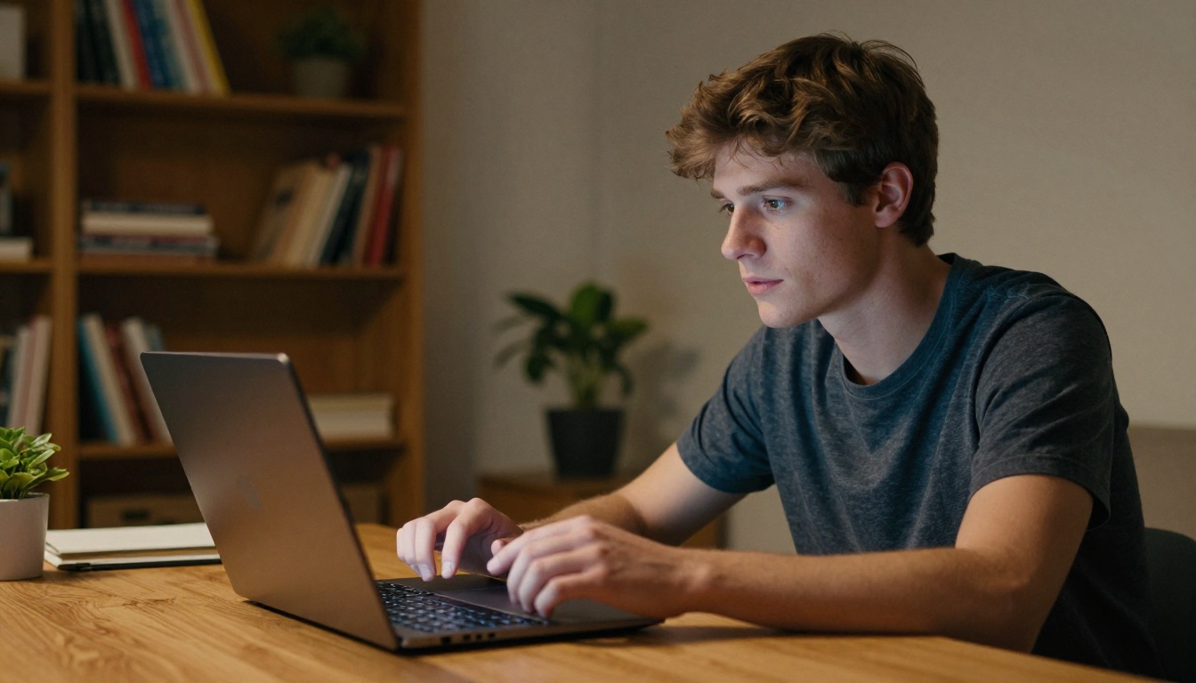 Young man at a laptop reviewing AI content on screen Young man at a laptop reviewing AI content on screen