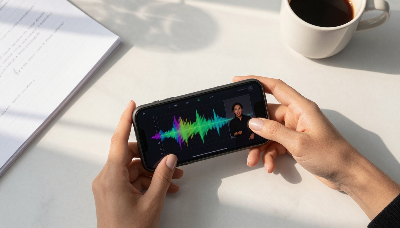 Aerial view of hands holding a phone with avatar interface visible on screen Aerial view of hands holding a phone with avatar interface visible on screen