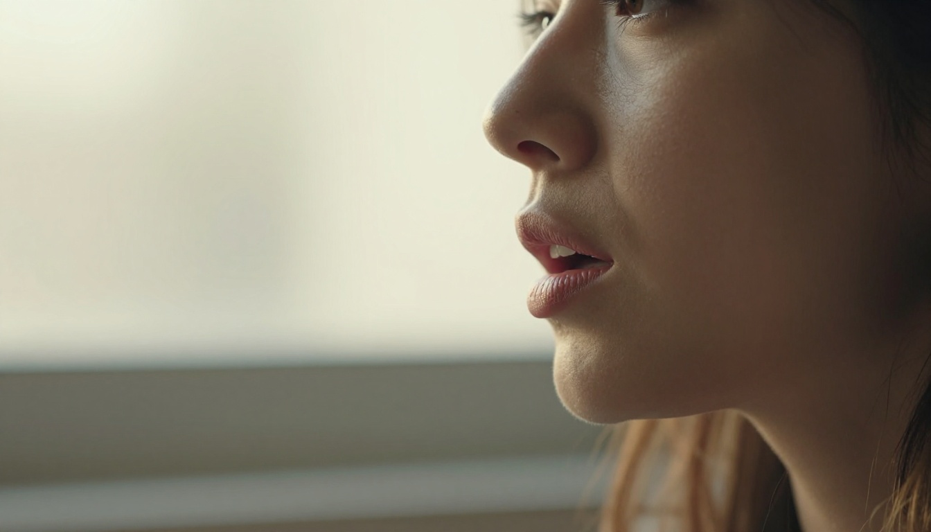 Side profile of a woman speaking with soft warm backlighting Side profile of a woman speaking with soft warm backlighting