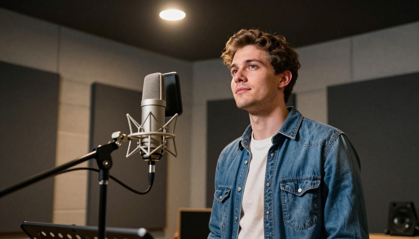 Low-angle view of a man standing confidently at a home recording setup Low-angle view of a man standing confidently at a home recording setup