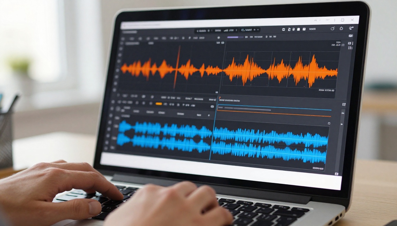 Tight close-up of a laptop screen showing a face animation timeline with waveform overlay Tight close-up of a laptop screen showing a face animation timeline with waveform overlay