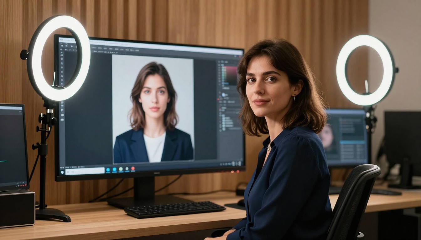 Professional woman at a studio monitor showing AI-generated content Professional woman at a studio monitor showing AI-generated content