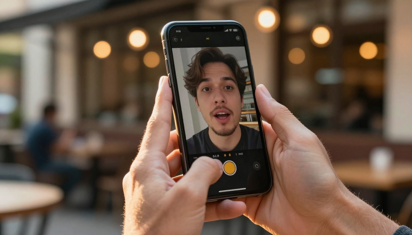 Hand holding a smartphone with a talking avatar video playing on screen Hand holding a smartphone with a talking avatar video playing on screen