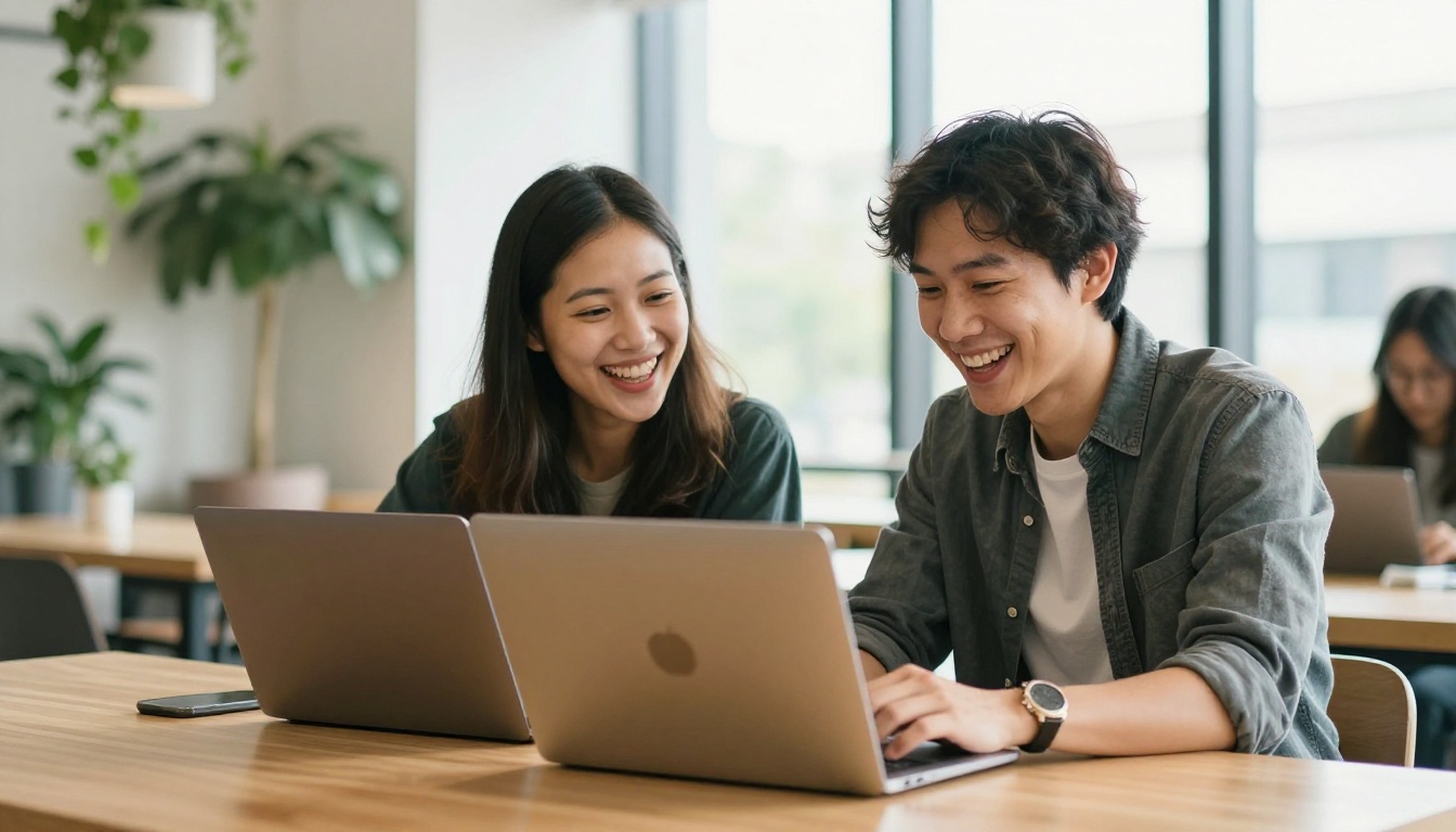 Two people laughing together while looking at a laptop in a bright co-working space Two people laughing together while looking at a laptop in a bright co-working space