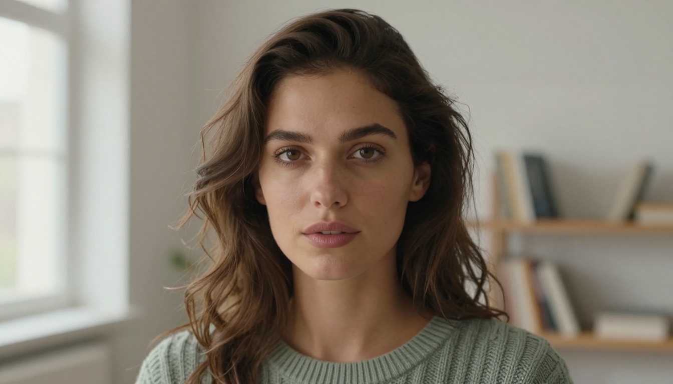 The same brunette woman in a minimalist Scandinavian apartment, close-up portrait