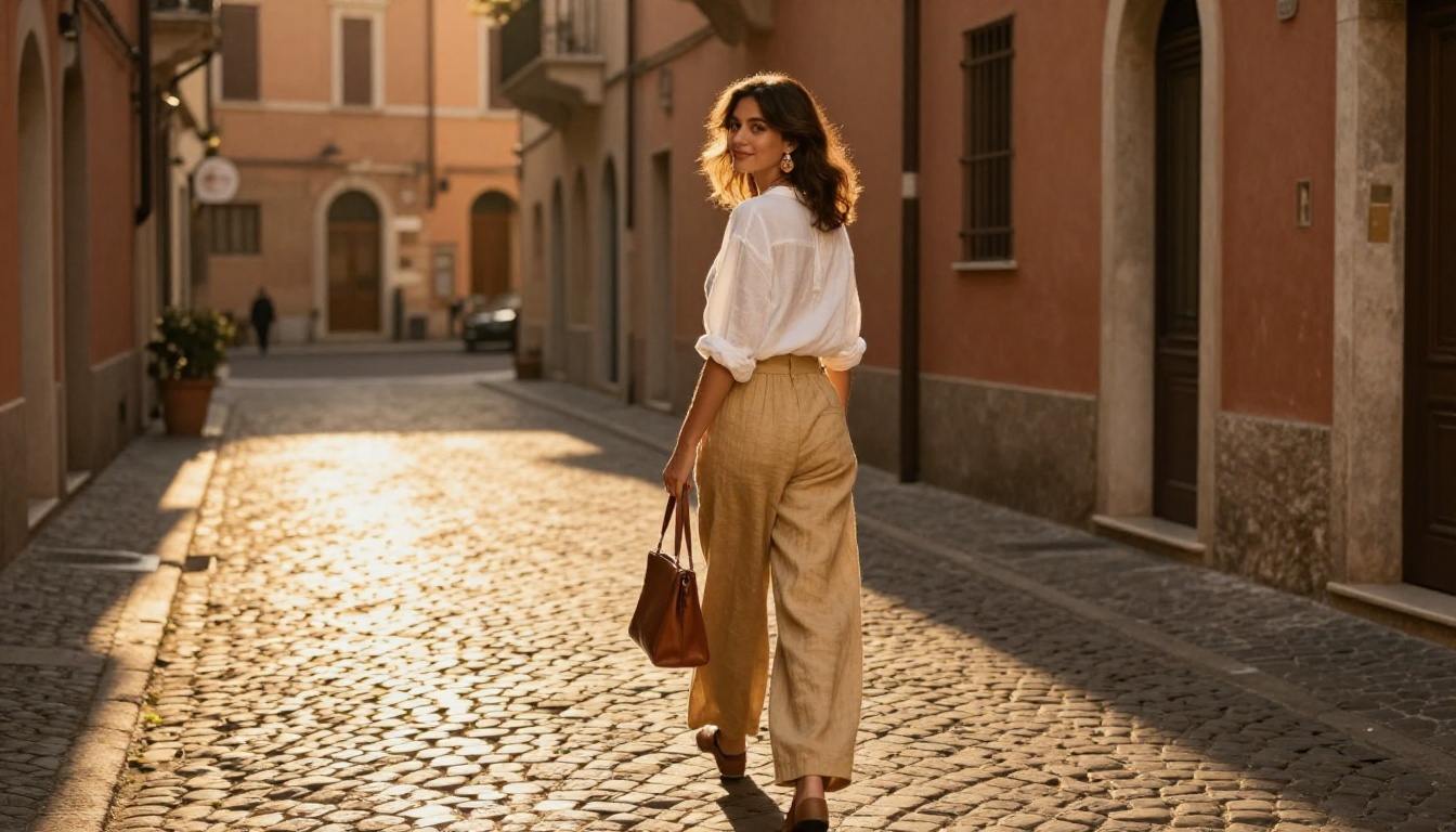Woman walking in an Italian cobblestone alley, consistent face across outdoor scene