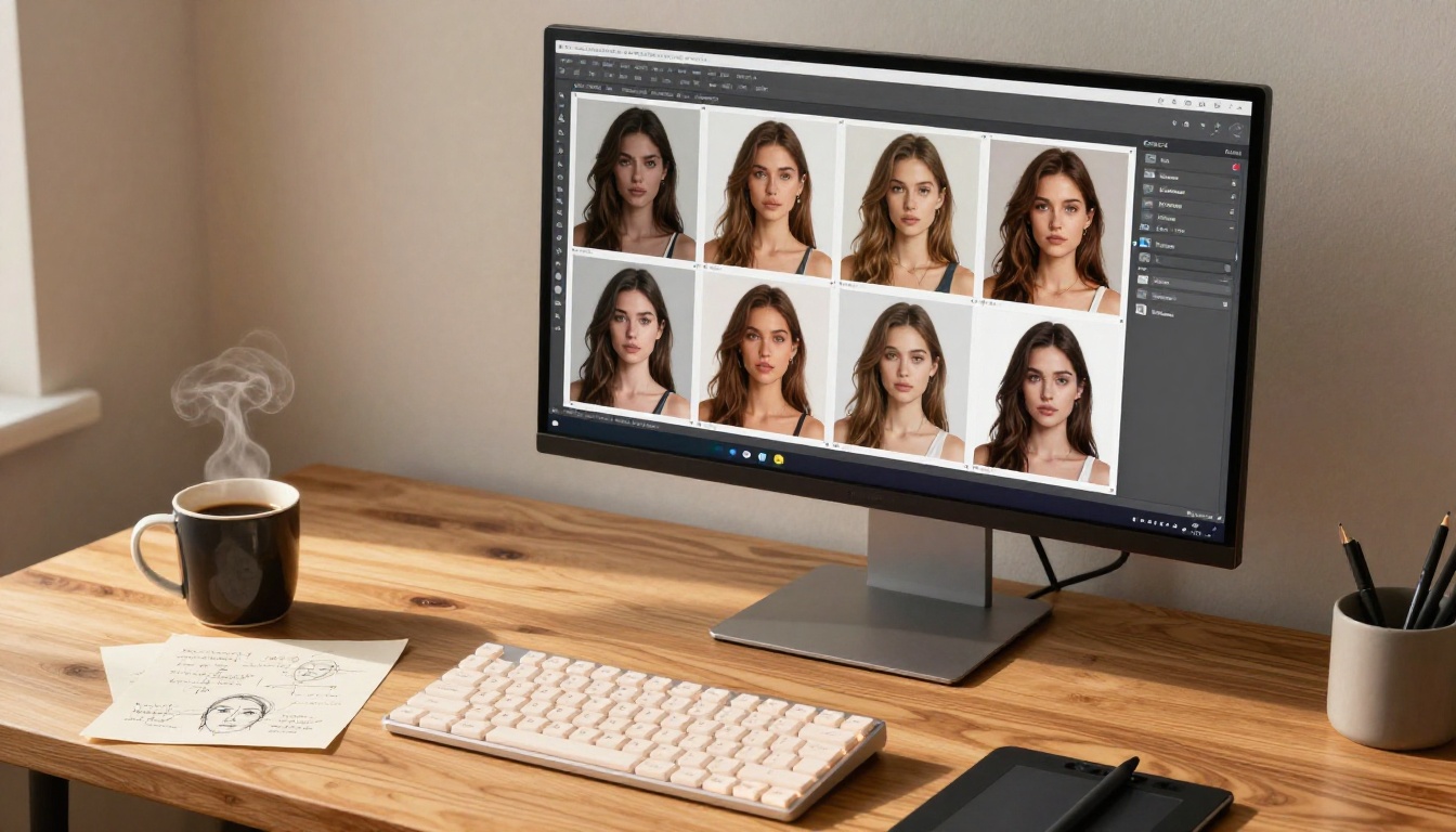 AI workflow desk showing consistent character portraits grid across multiple scenes