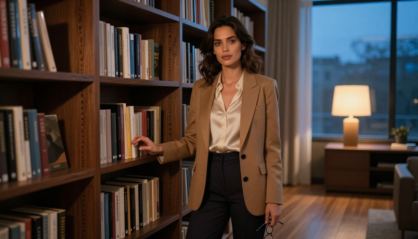 Woman in home library at dusk with warm amber and cool blue lighting, consistent identity