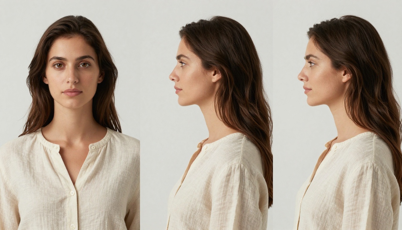 Character reference sheet showing the same woman from front, three-quarter, and side profile angles