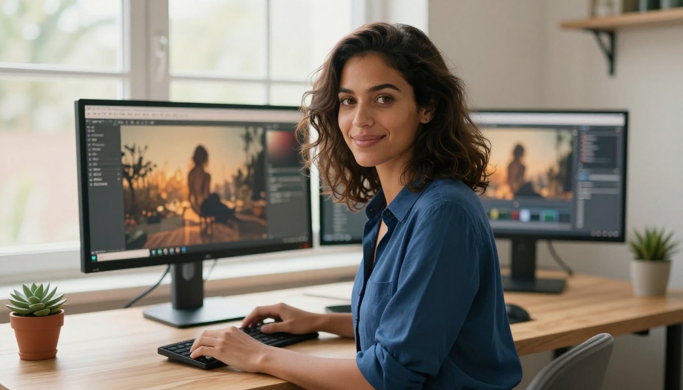 Woman working at standing desk home office with dual monitors, natural daylight