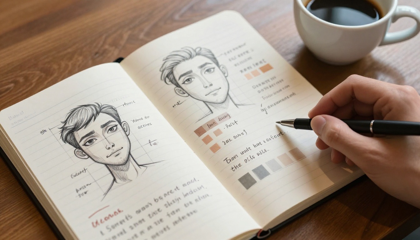 Character design notebook with hand-drawn facial proportion sketches and color swatches