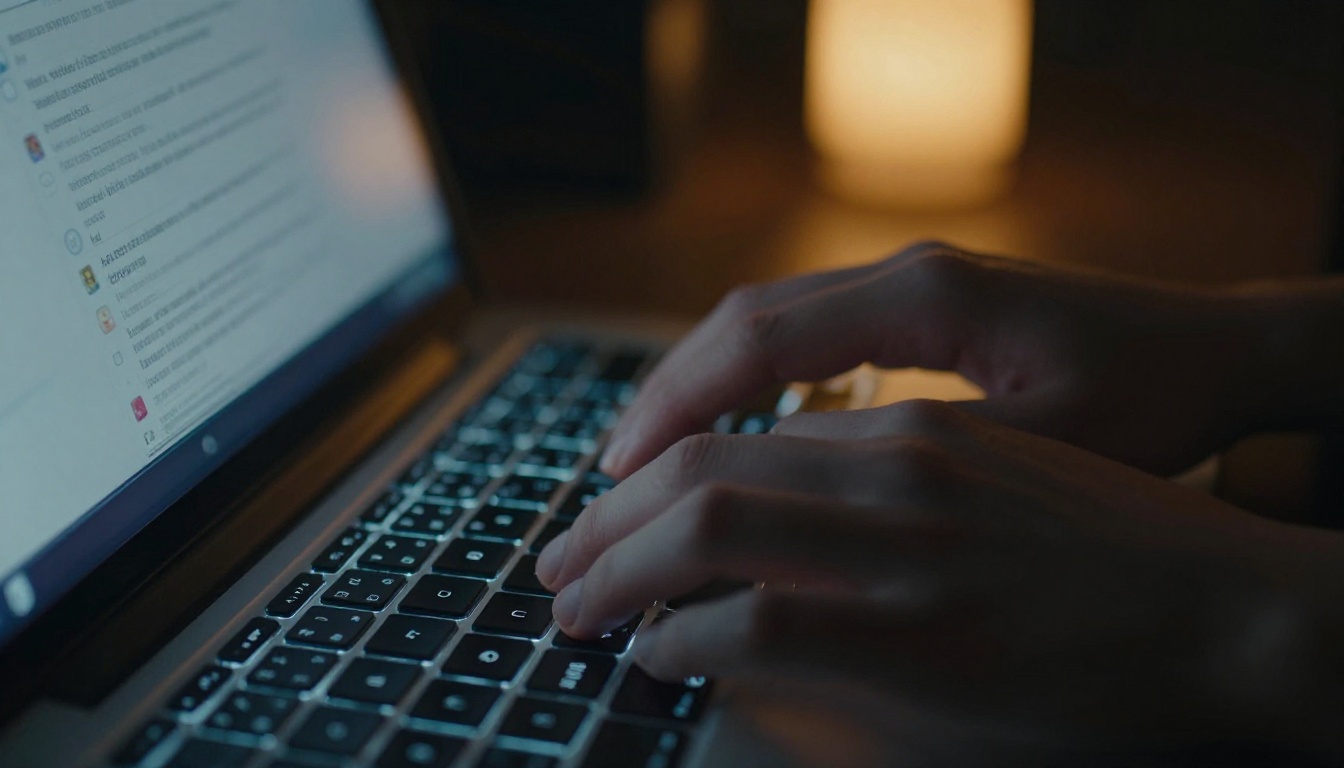 Hands on keyboard in dark room with screen glow