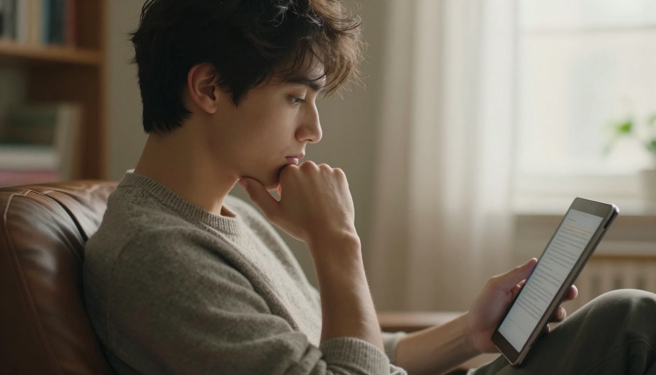 Side profile of man reading tablet in armchair