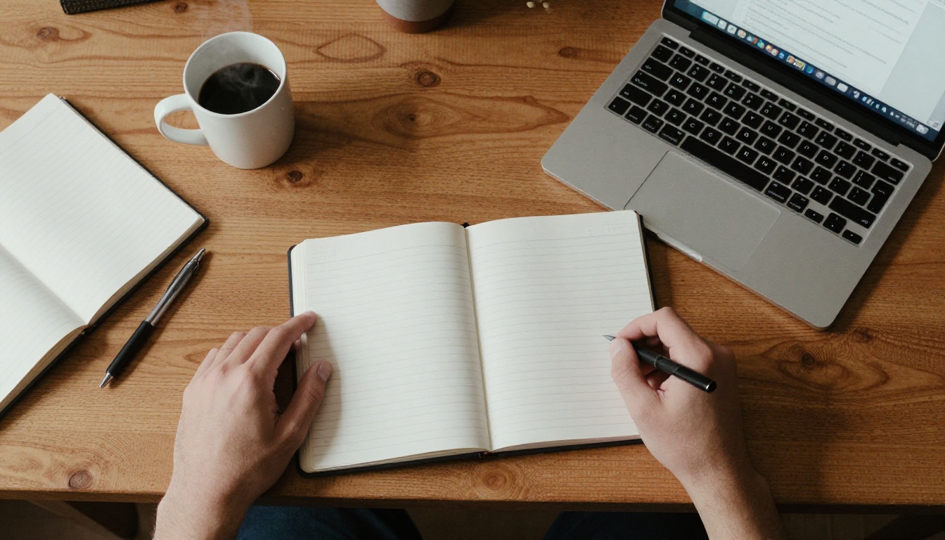 Aerial view of desk with notebooks, laptop, and coffee