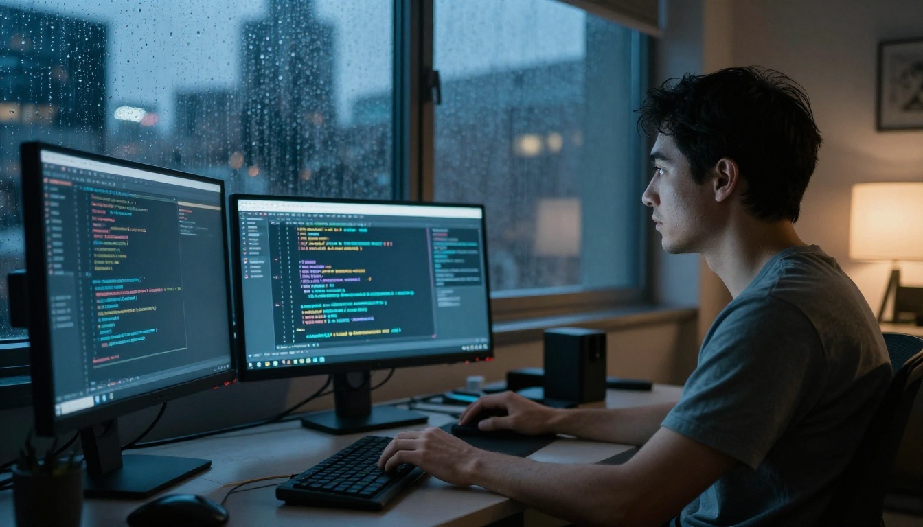Man working late at multi-monitor desk with city view