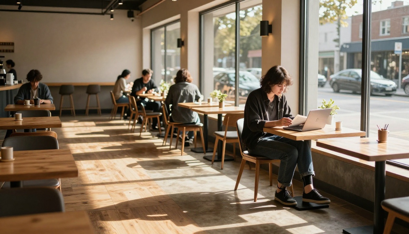 Coffee shop person at window table with laptop in golden hour light