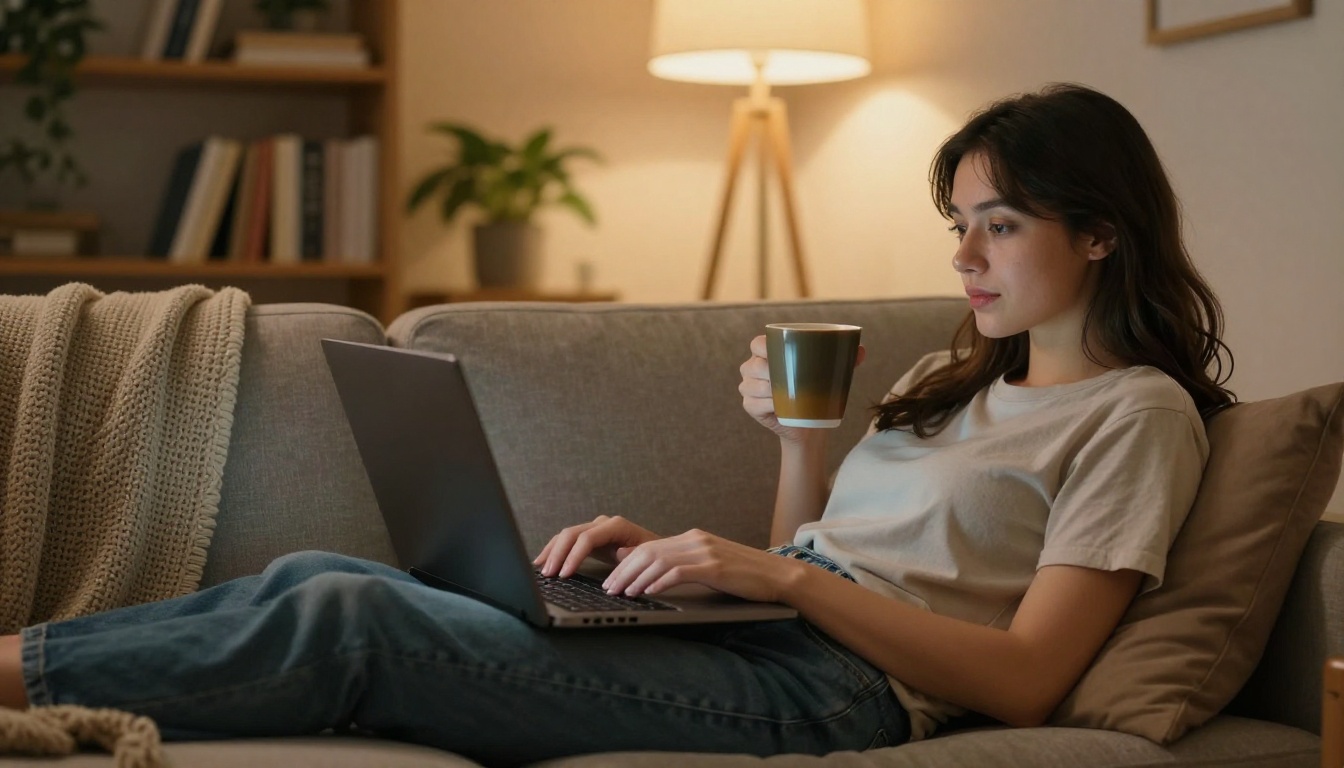 Woman relaxing on couch with laptop in warm evening light