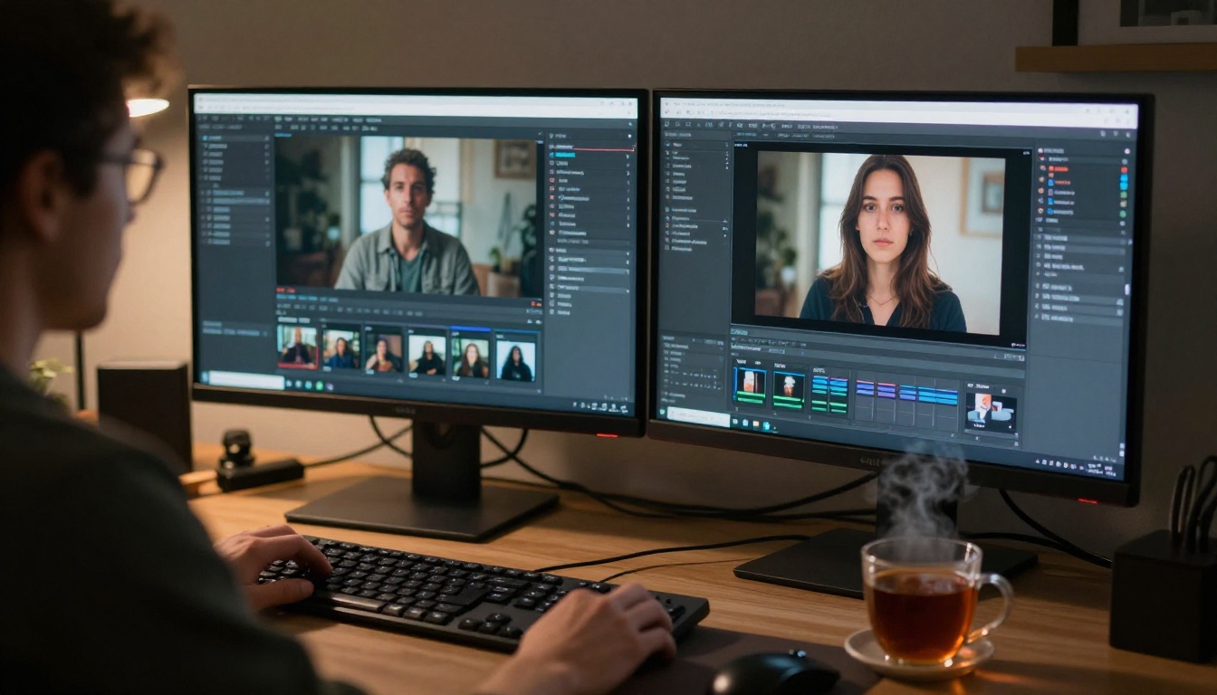 Person at dual-monitor AI video workstation
