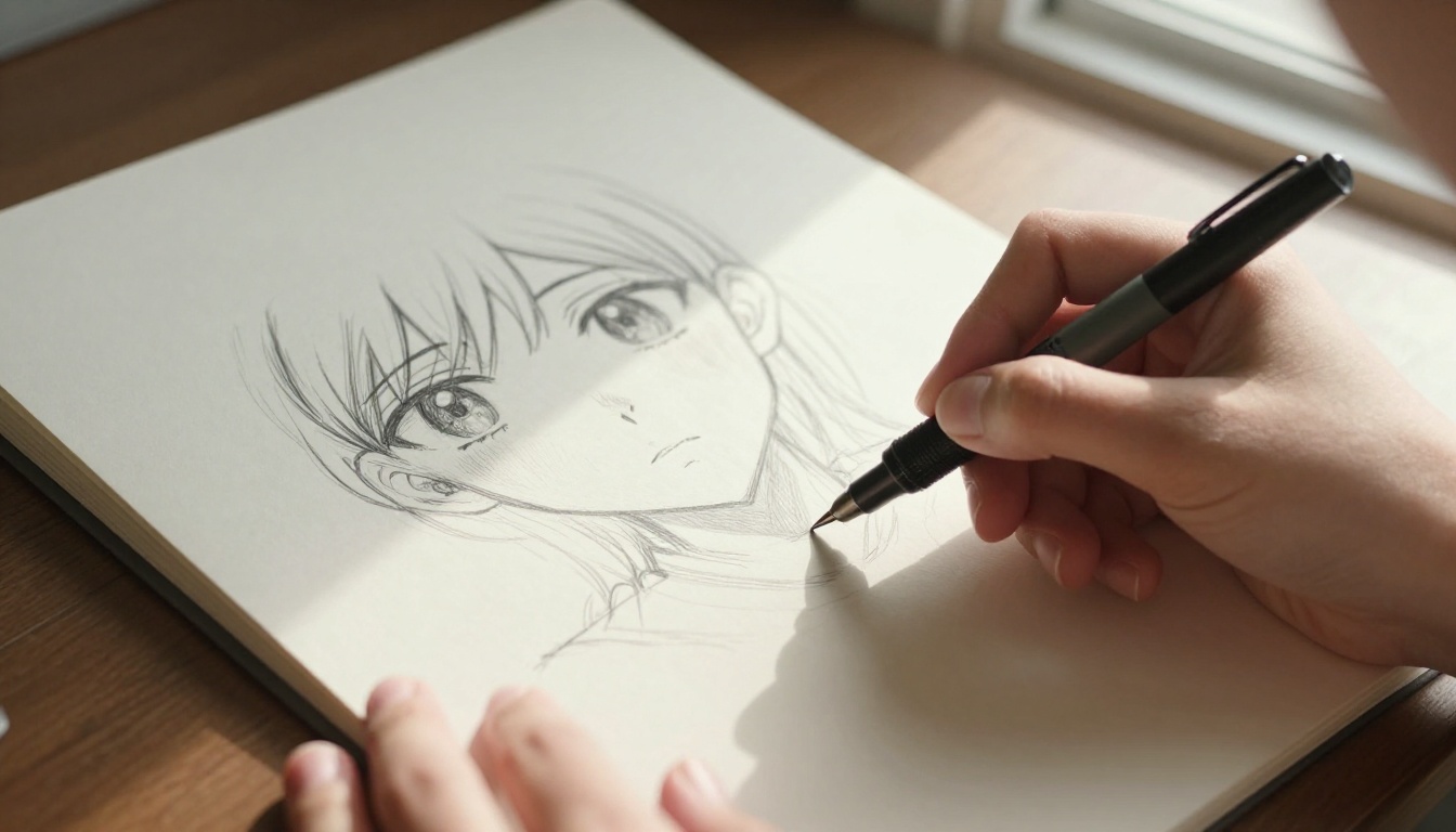 Hands drawing anime character sketches on textured paper
