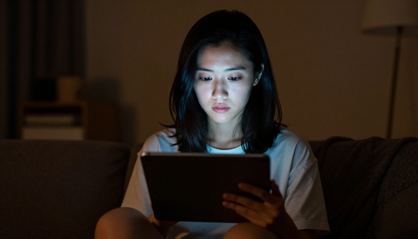 Woman reviewing AI art on tablet at night