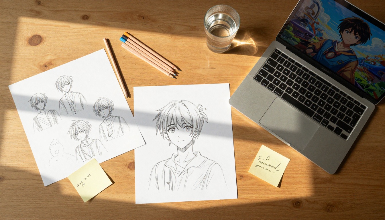 Overhead creative workspace with anime sketches and laptop