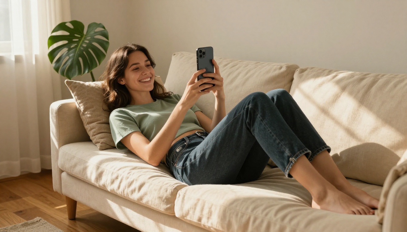 Woman on couch engaged in video call