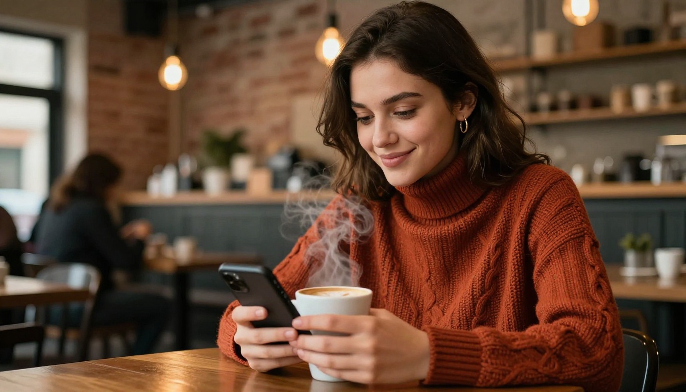Woman at café smiling at phone