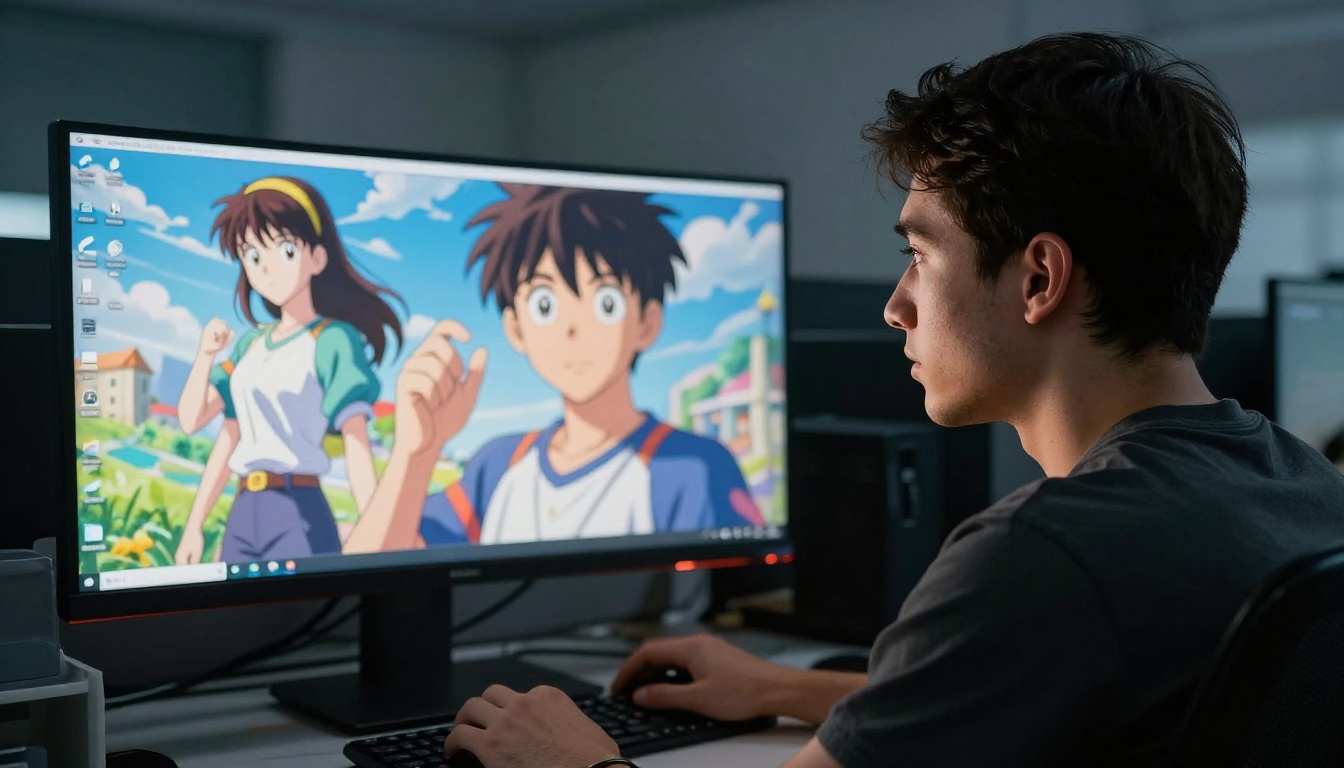 Man analyzing anime AI art at workstation