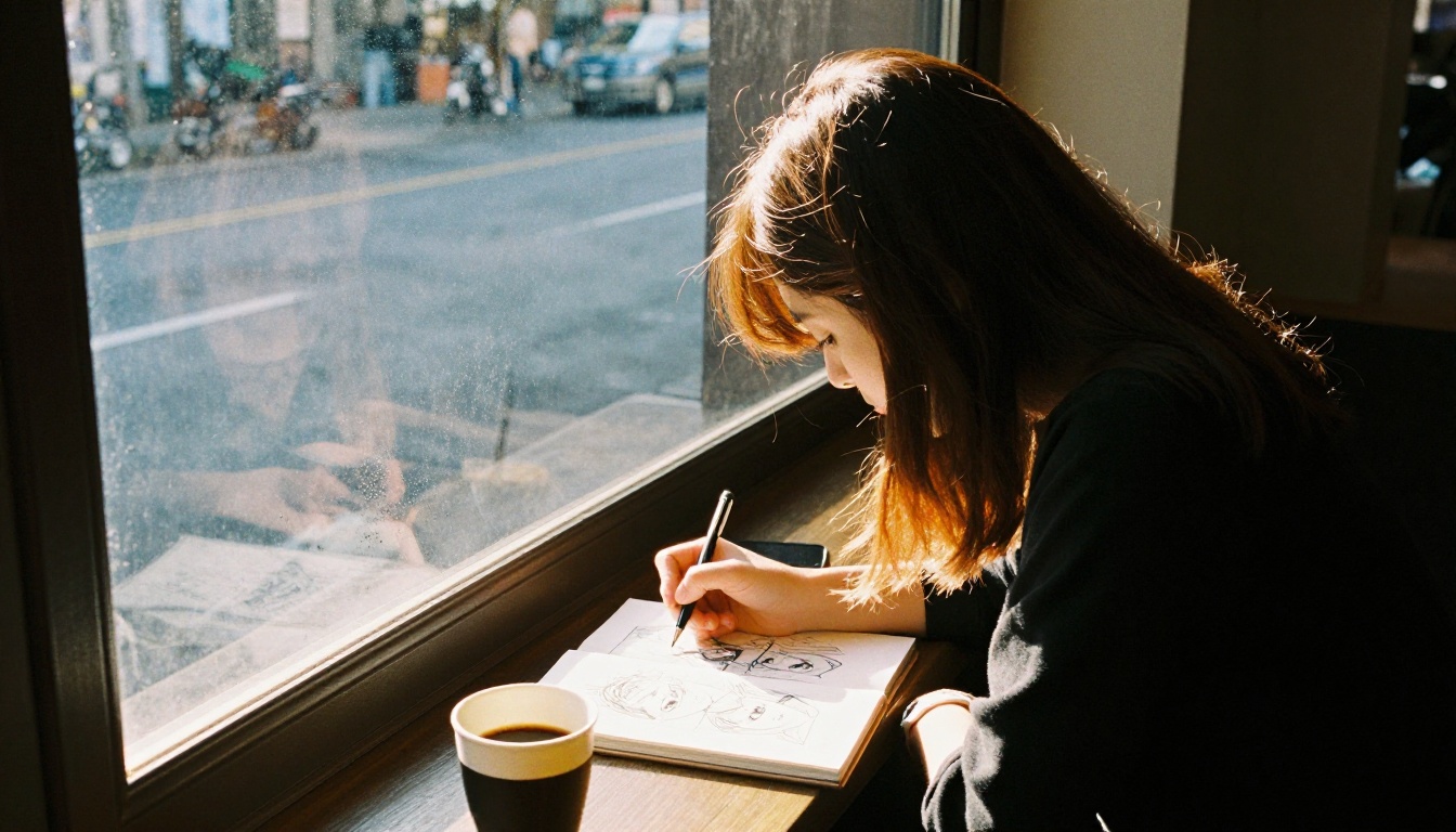Woman at café window sketching manga characters
