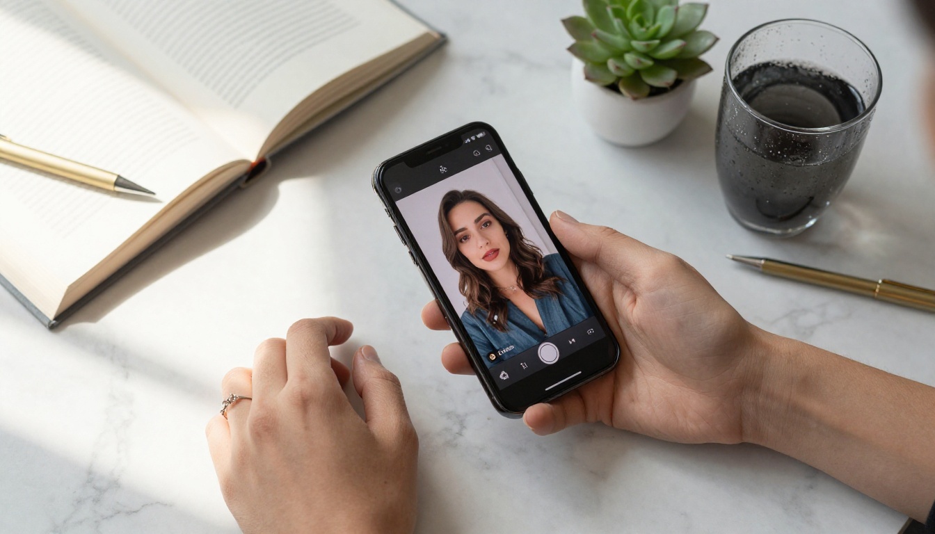Overhead flat-lay of hands with phone on marble