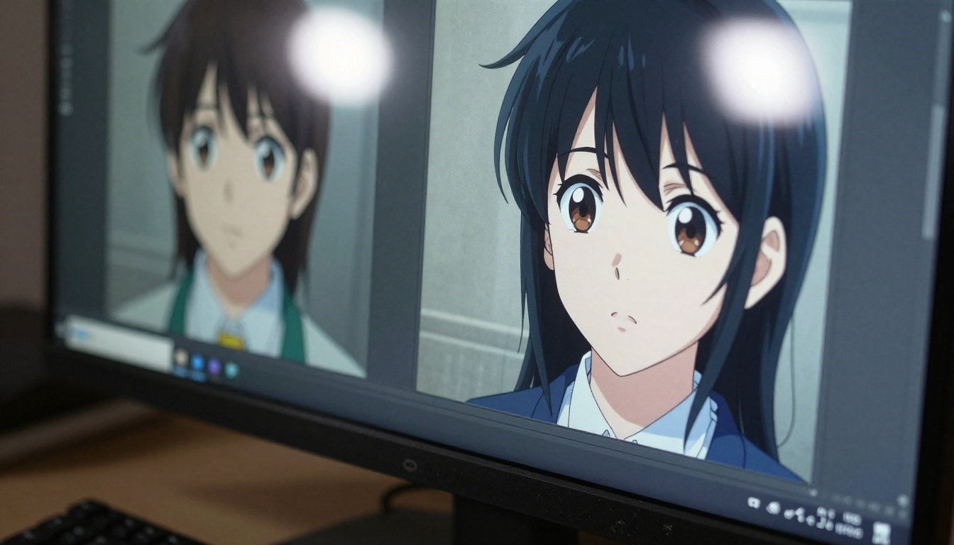 Close-up of AI anime art on monitor screen