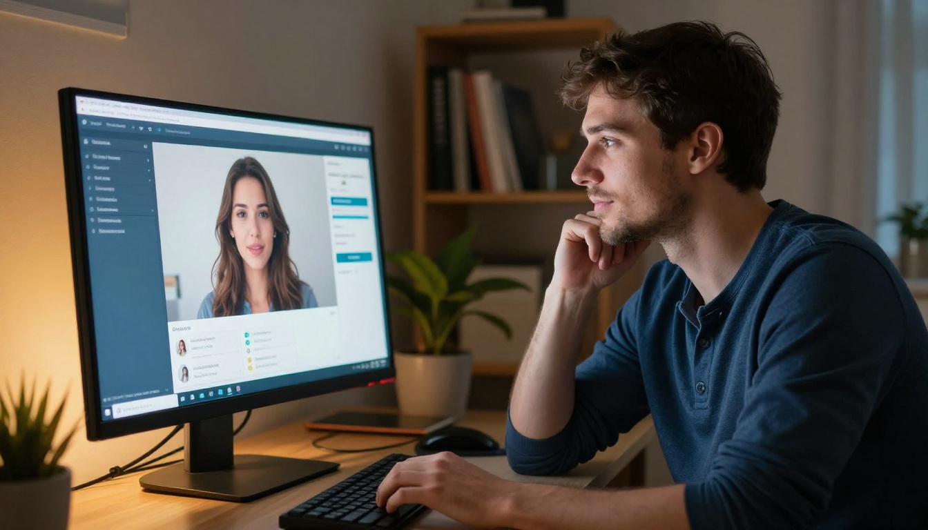 Man at evening home office looking at AI companion monitor