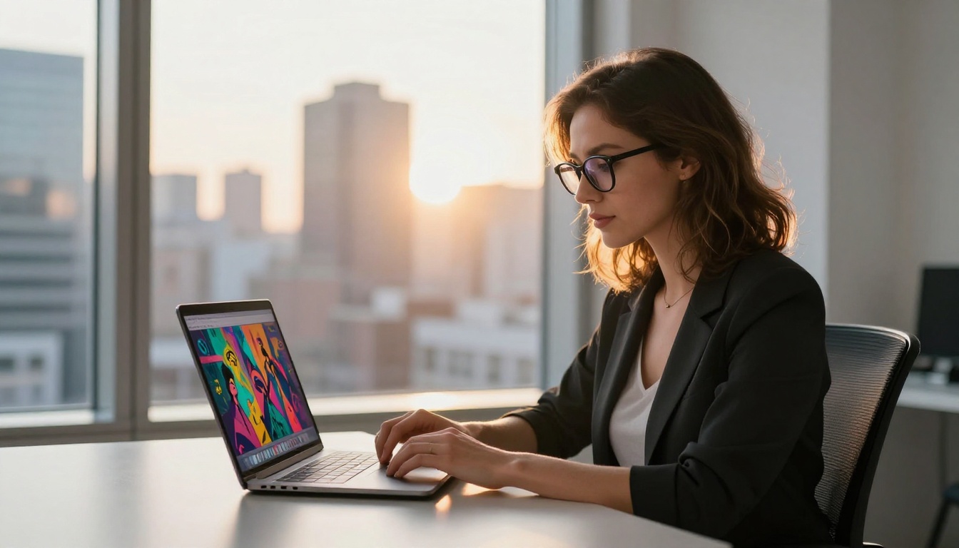 Woman with glasses at window desk reviewing character art