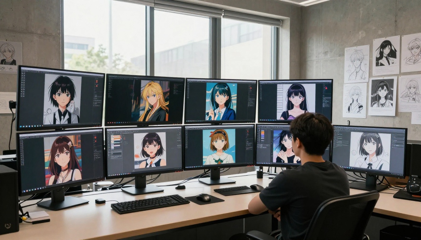 Multiple screens showing AI anime art variations in a studio