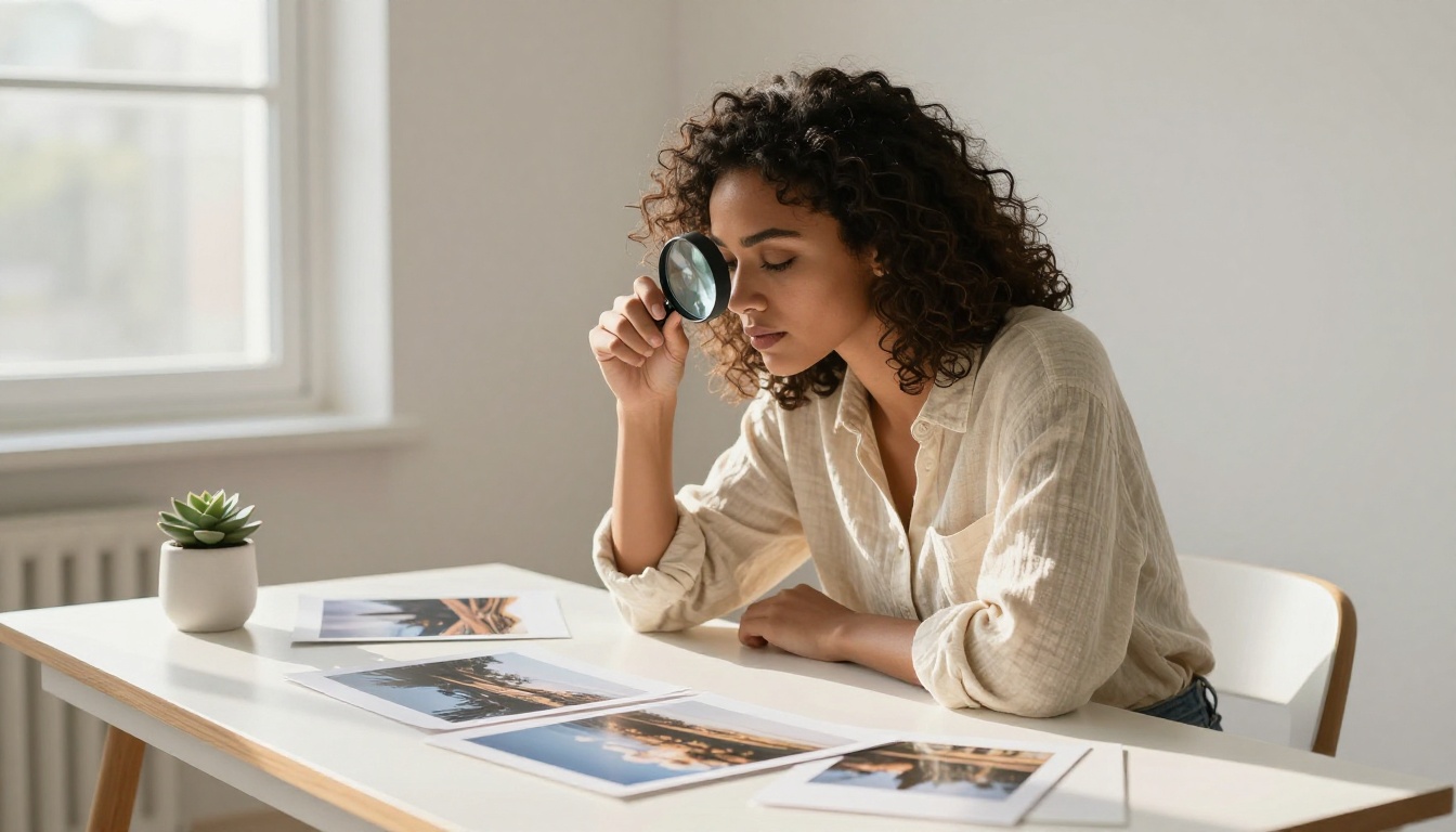 Woman at sunlit desk studying photograph with magnifying loupe Woman at sunlit desk studying photograph with magnifying loupe