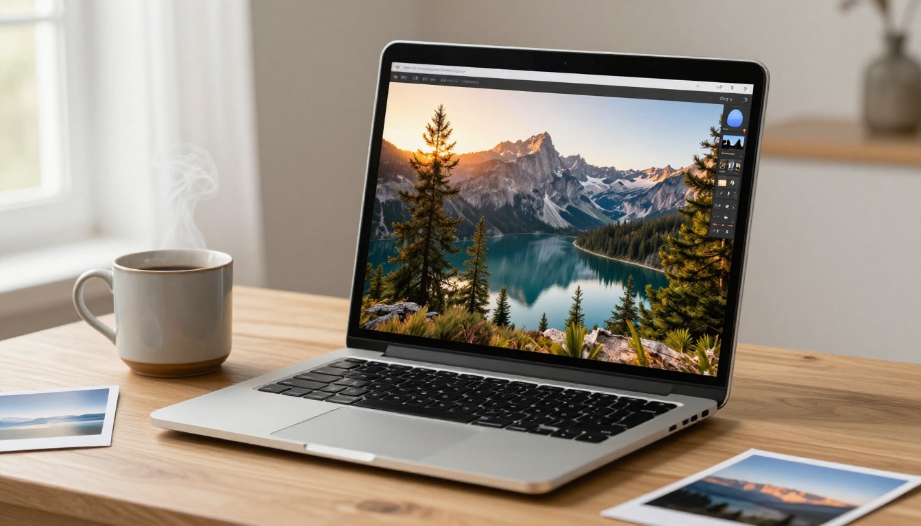 Laptop showing photo editing interface with sharp mountain lake image Laptop showing photo editing interface with sharp mountain lake image